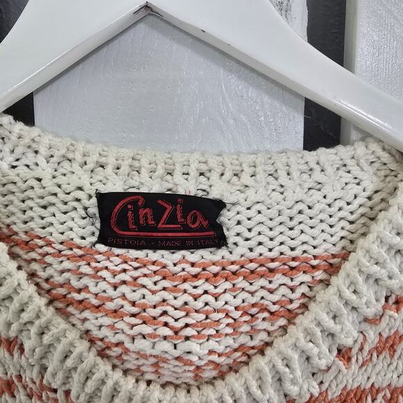Cinzia Pistoia Hand Knit Flower Cotton Crew Sweater Small Orange Striped Cottage - Picture 7 of 9